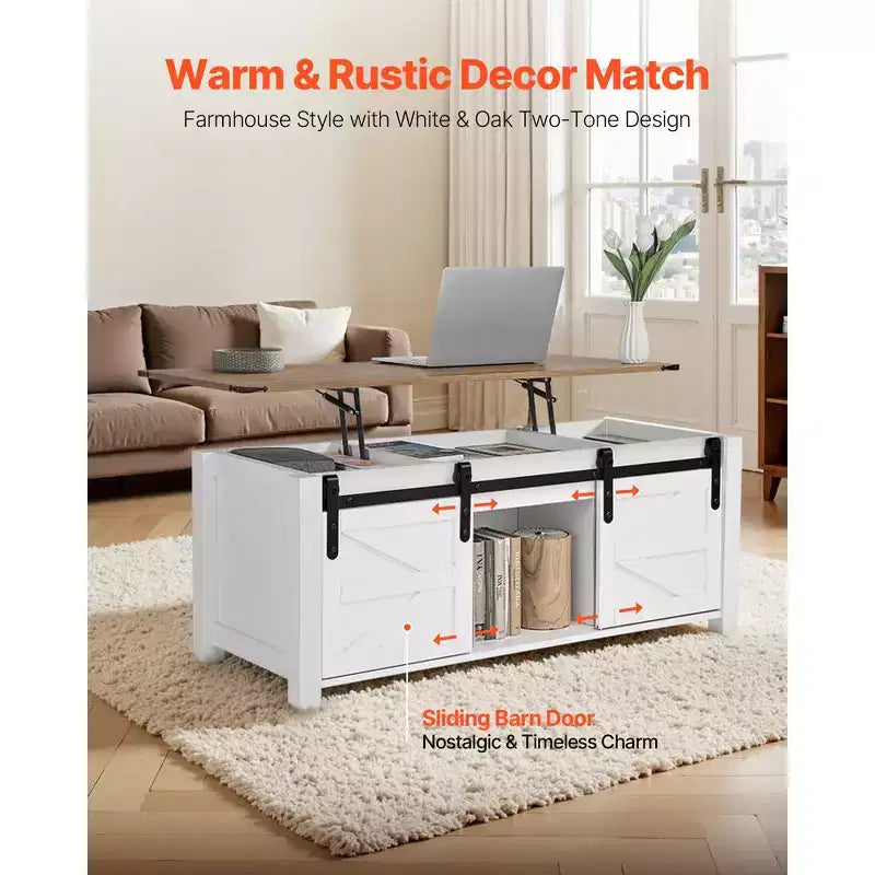 Mesa de centro elevable rústica de 120 cm con puerta de granero y compartimento de almacenamiento oculto, mesa de centro moderna rectangular, blanco