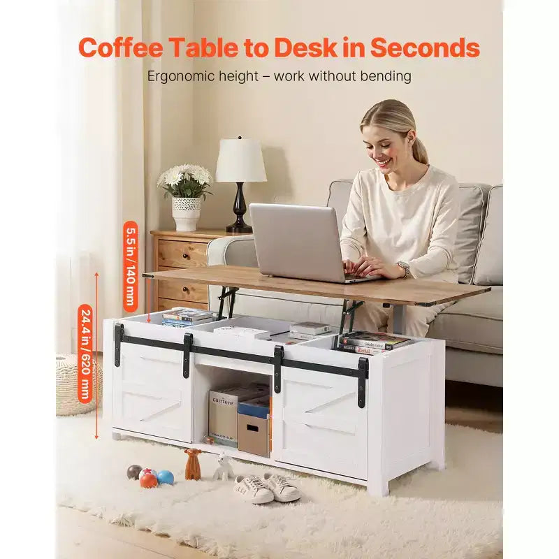Mesa de centro elevable rústica de 120 cm con puerta de granero y compartimento de almacenamiento oculto, mesa de centro moderna rectangular, blanco