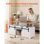 Mesa de centro elevable rústica de 120 cm con puerta de granero y compartimento de almacenamiento oculto, mesa de centro moderna rectangular, blanco