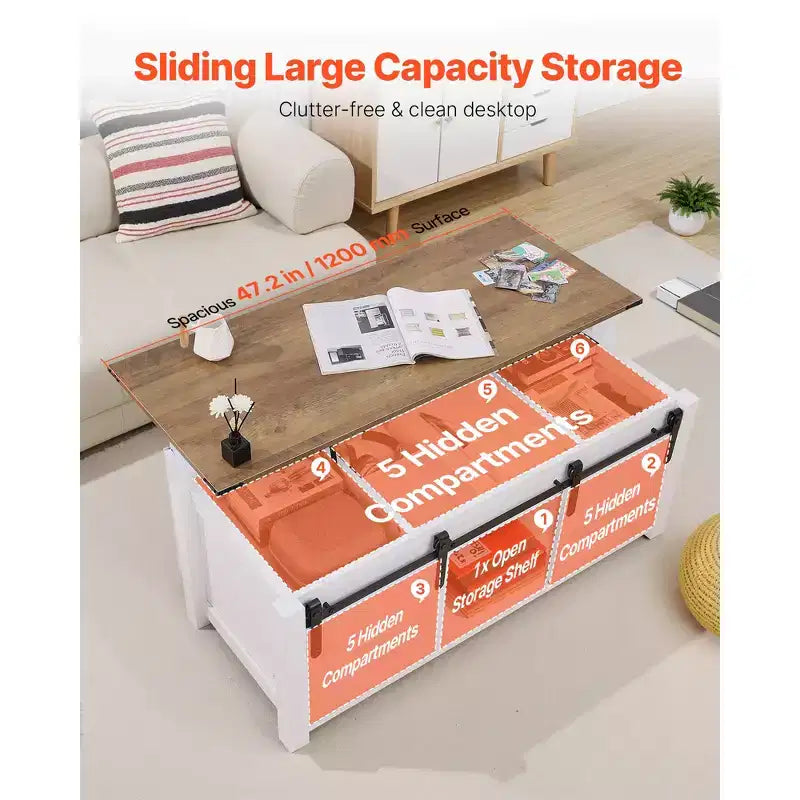 Mesa de centro elevable rústica de 120 cm con puerta de granero y compartimento de almacenamiento oculto, mesa de centro moderna rectangular, blanco