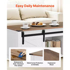 Mesa de centro elevable rústica de 120 cm con puerta de granero y compartimento de almacenamiento oculto, mesa de centro moderna rectangular, blanco