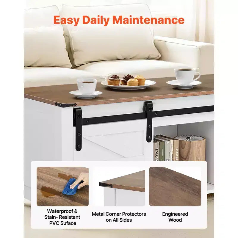 Mesa de centro elevable rústica de 120 cm con puerta de granero y compartimento de almacenamiento oculto, mesa de centro moderna rectangular, blanco
