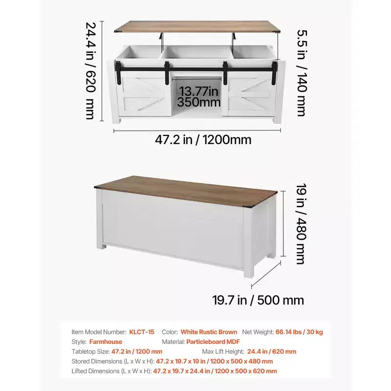 Mesa de centro elevable rústica de 120 cm con puerta de granero y compartimento de almacenamiento oculto, mesa de centro moderna rectangular, blanco