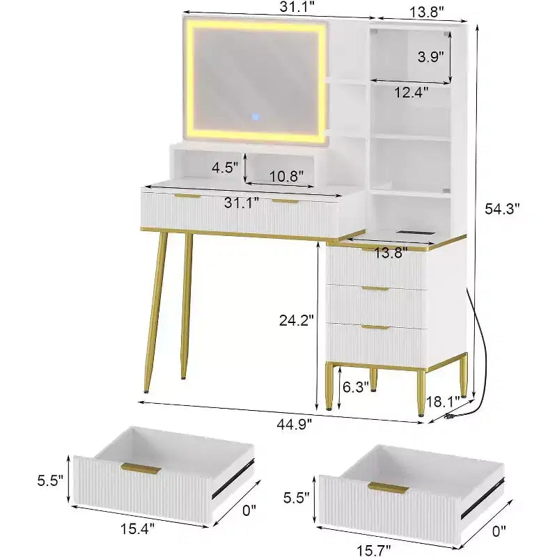 Tocador moderno con espejo LED y enchufes, mesa de tocador de 5 cajones con tapa de cristal templado y estante de almacenamiento para dormitorio, blanco
