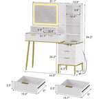 Tocador moderno con espejo LED y enchufes, mesa de tocador de 5 cajones con tapa de cristal templado y estante de almacenamiento para dormitorio, blanco