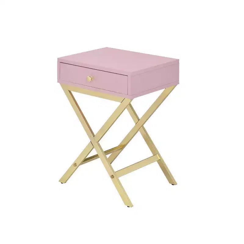Royal Hampton and Metal Side Table with Crossed Base, Pink and Gold