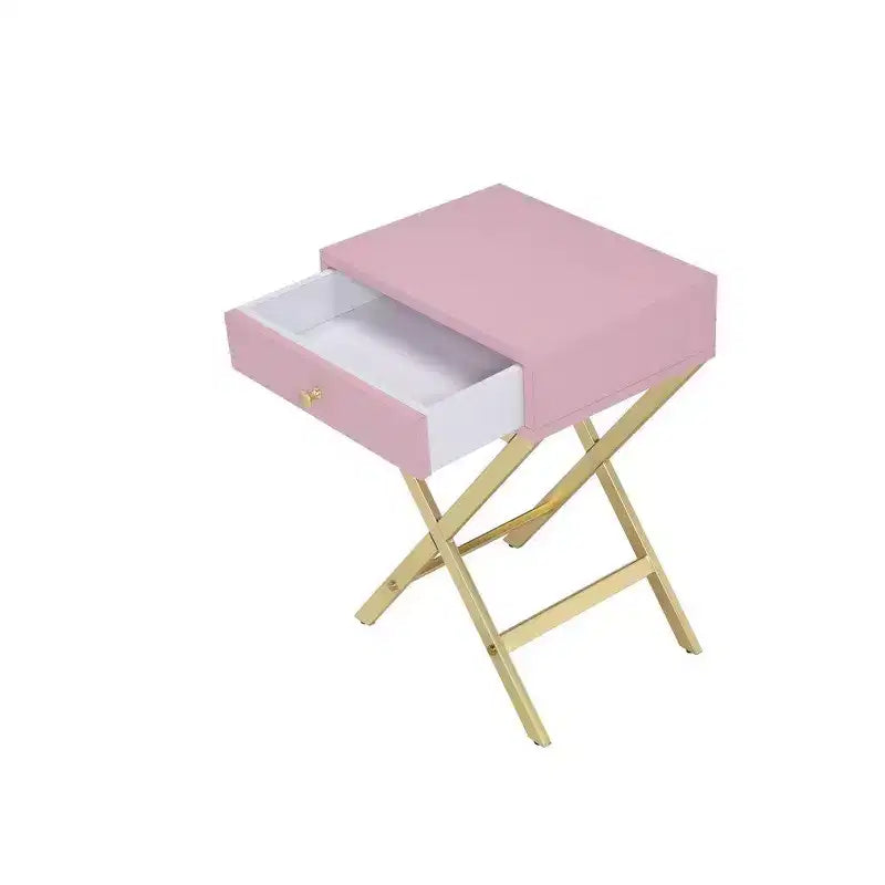 Mesa auxiliar de metal con base cruzada, rosa y dorado