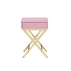 Mesa auxiliar de metal con base cruzada, rosa y dorado