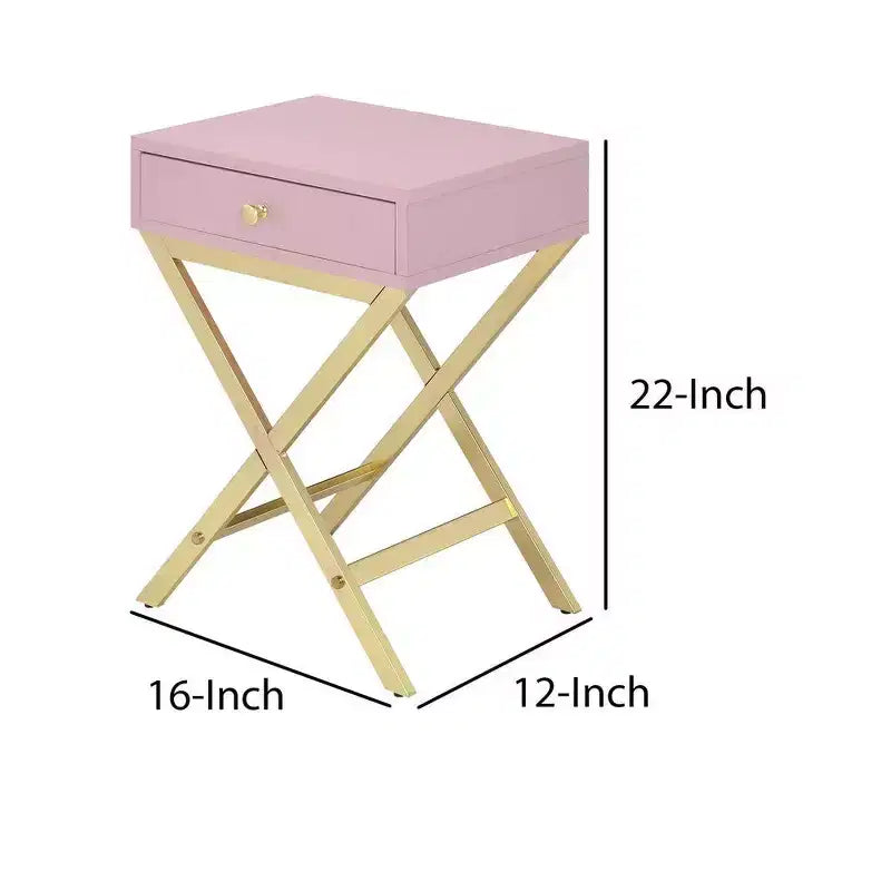 Mesa auxiliar de metal con base cruzada, rosa y dorado