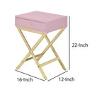 Mesa auxiliar de metal con base cruzada, rosa y dorado