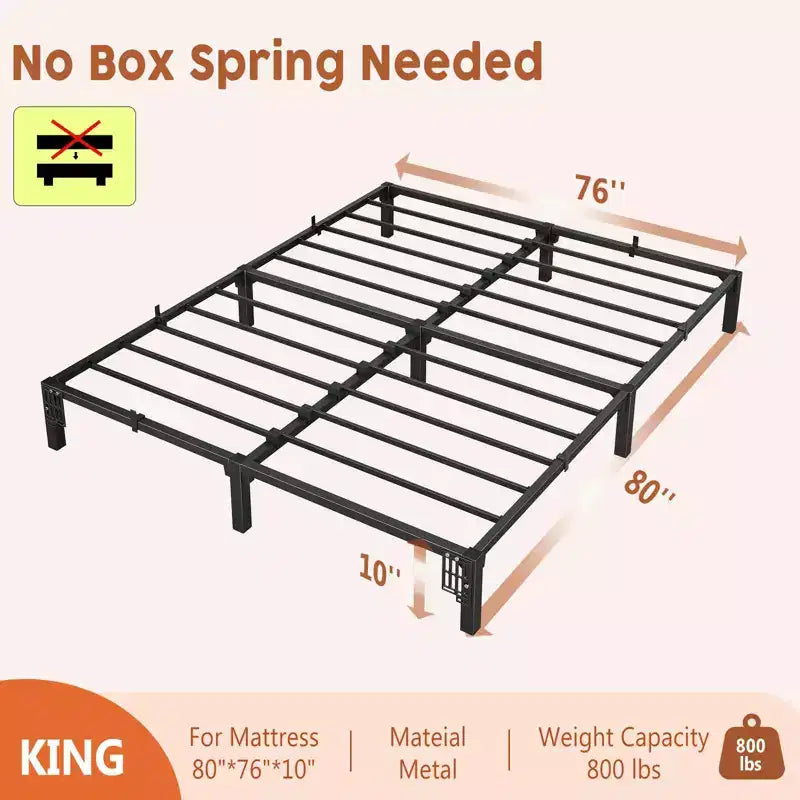 Base de cama metálica de alta resistencia, base de colchón resistente, fácil de montar sin ruido, no necesita somier para tamaño King, Queen, Full, Twin