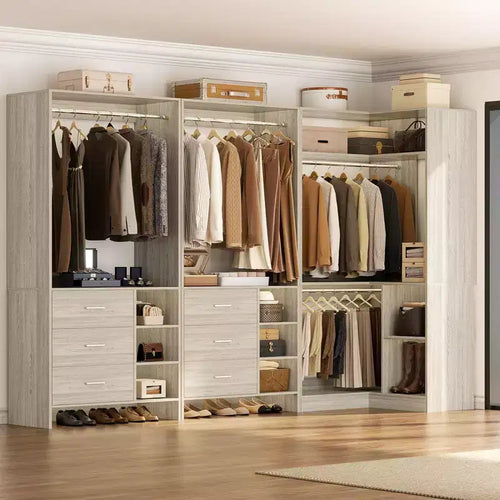 Besiost 92-In Closet System Set with Wood Drawers, Corner Closet Organizer with Hanging Rods