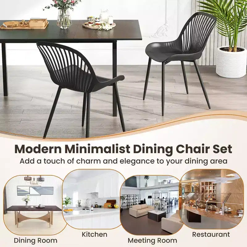 Silla de comedor de plástico con patas metálicas, respaldo recortado y asiento curvado
