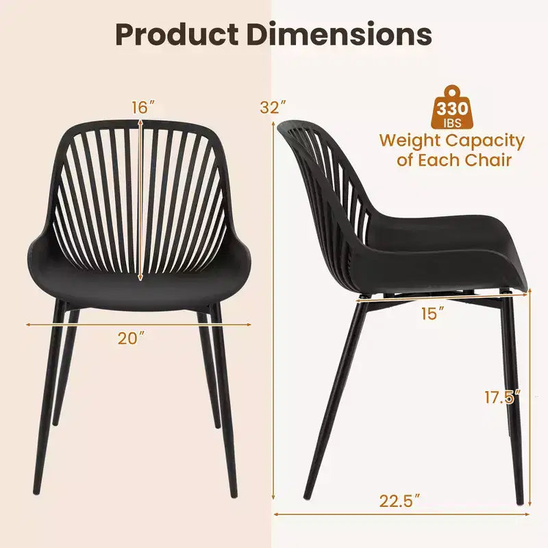 Silla de comedor de plástico con patas metálicas, respaldo recortado y asiento curvado