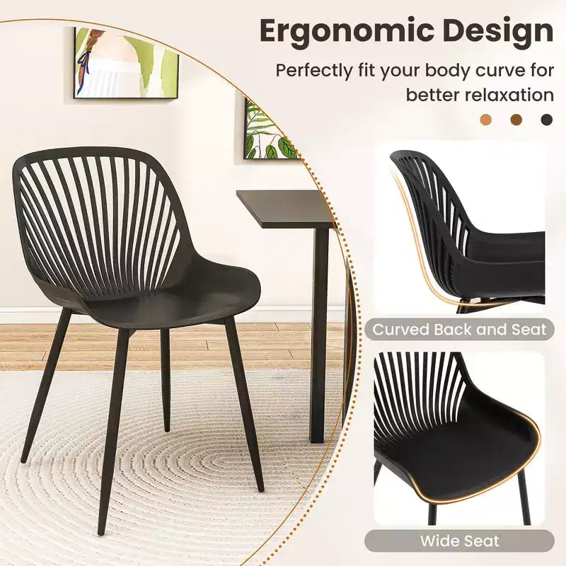Silla de comedor de plástico con patas metálicas, respaldo recortado y asiento curvado