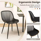 Silla de comedor de plástico con patas metálicas, respaldo recortado y asiento curvado