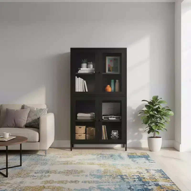 Armario clásico de almacenaje de metal con 4 puertas de cristal, acero negro