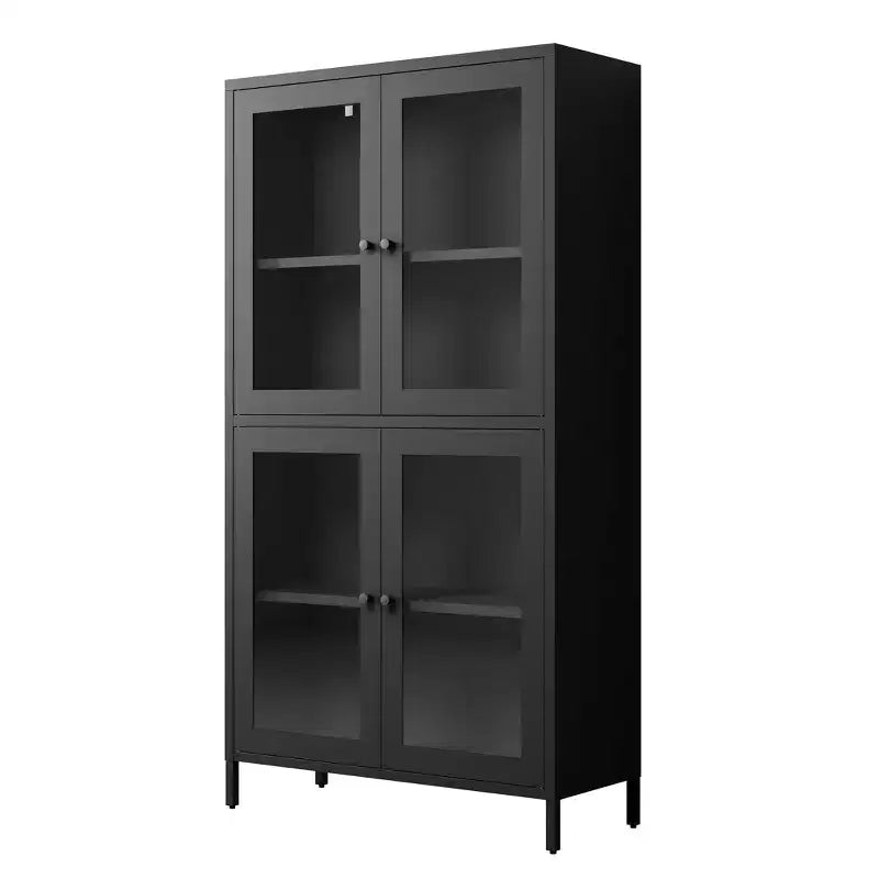 Armario clásico de almacenaje de metal con 4 puertas de cristal, acero negro