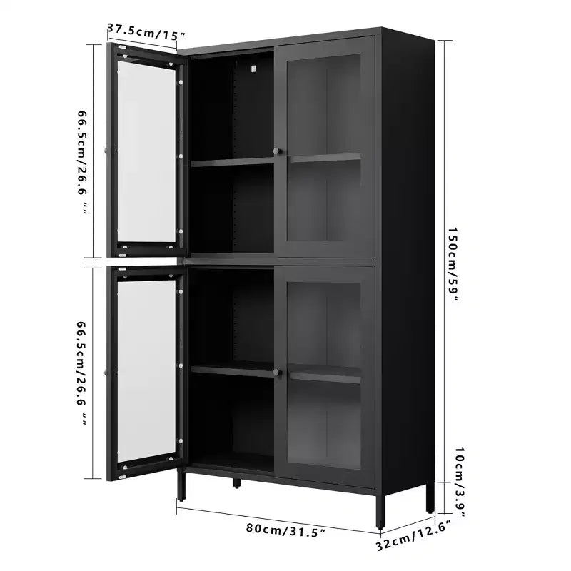 Armario clásico de almacenaje de metal con 4 puertas de cristal, acero negro
