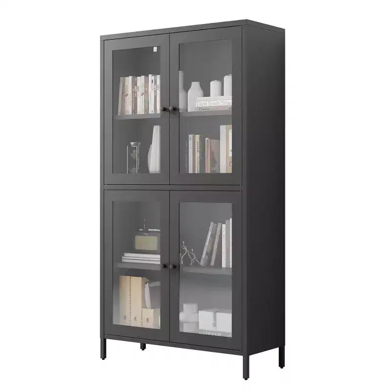 Armario clásico de almacenaje de metal con 4 puertas de cristal, acero negro