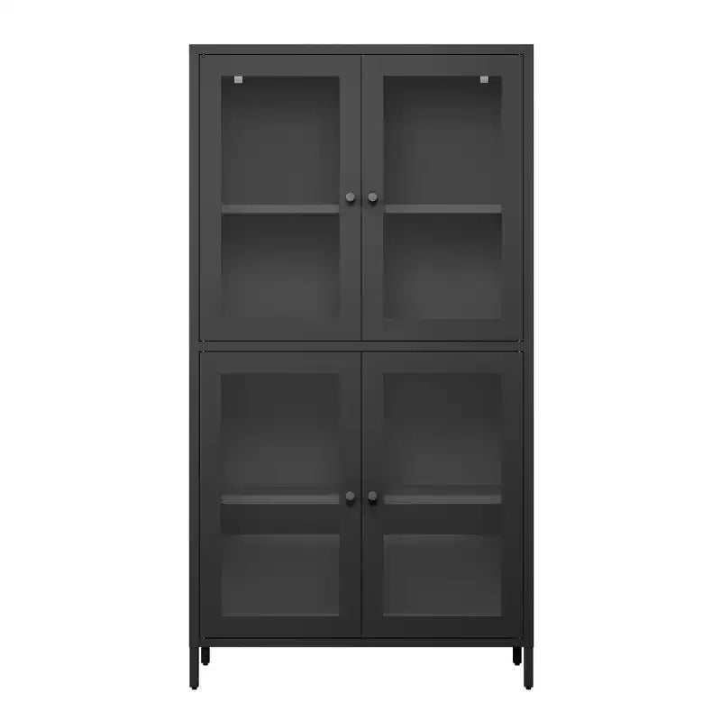 Armario clásico de almacenaje de metal con 4 puertas de cristal, acero negro