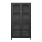 Armario clásico de almacenaje de metal con 4 puertas de cristal, acero negro