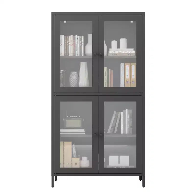 Armario clásico de almacenaje de metal con 4 puertas de cristal, acero negro