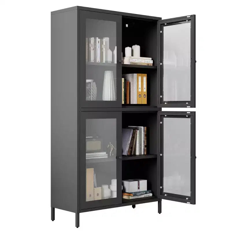 Armario clásico de almacenaje de metal con 4 puertas de cristal, acero negro