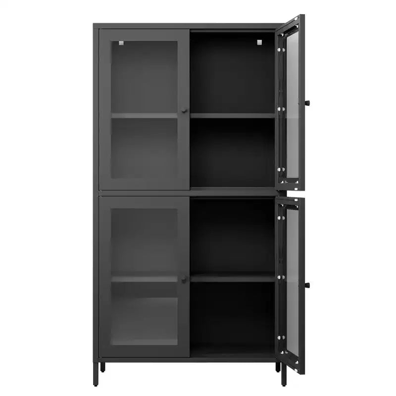 Armario clásico de almacenaje de metal con 4 puertas de cristal, acero negro
