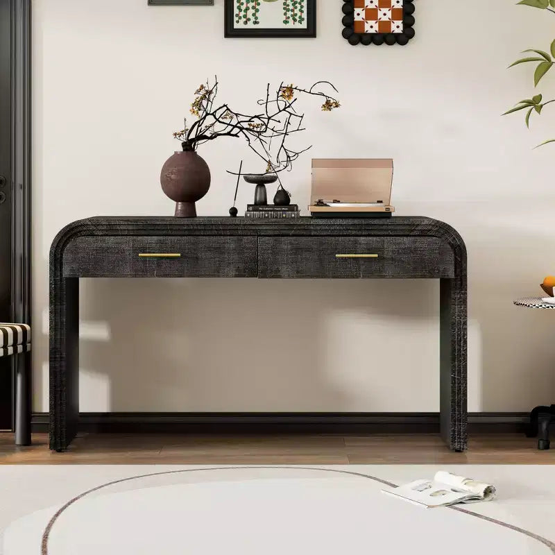 Mesa consola curvada con 2 cajones para recibidor, mesa de entrada minimalista de madera con almacenamiento para sala de estar