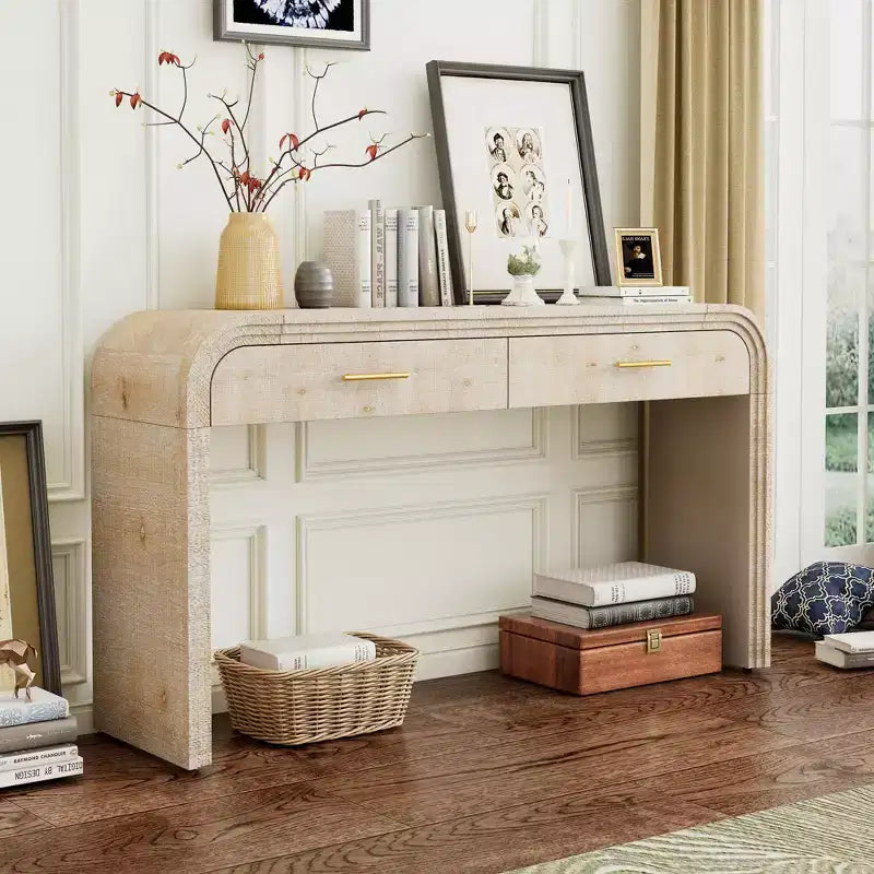 Mesa consola curvada con 2 cajones para recibidor, mesa de entrada minimalista de madera con almacenamiento para sala de estar