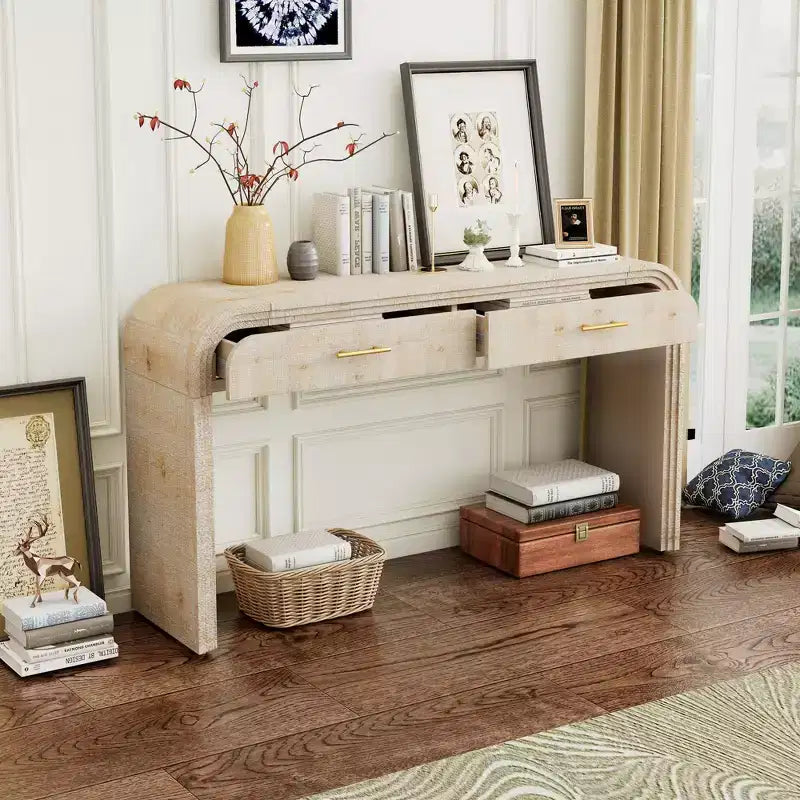 Mesa consola curvada con 2 cajones para recibidor, mesa de entrada minimalista de madera con almacenamiento para sala de estar