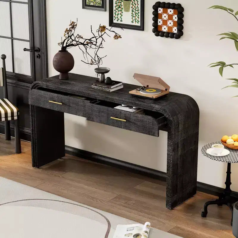Mesa consola curvada con 2 cajones para recibidor, mesa de entrada minimalista de madera con almacenamiento para sala de estar