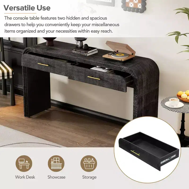 Mesa consola curvada con 2 cajones para recibidor, mesa de entrada minimalista de madera con almacenamiento para sala de estar