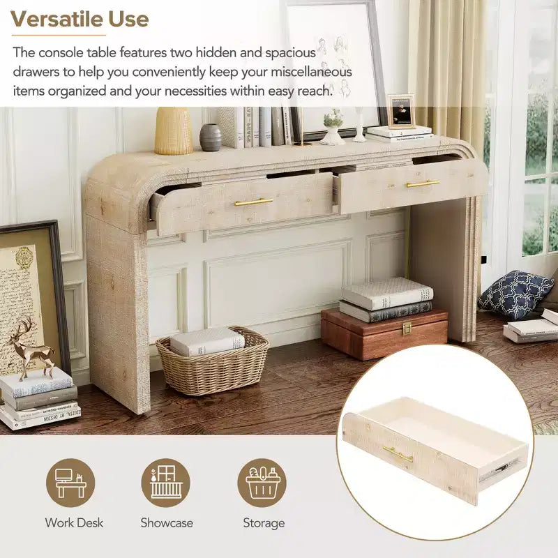 Mesa consola curvada con 2 cajones para recibidor, mesa de entrada minimalista de madera con almacenamiento para sala de estar
