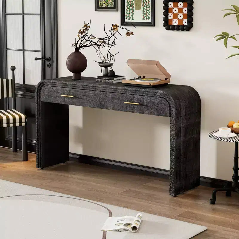 Curved Console Table with 2 Drawers for Entryway, Wood Minimalist Entryway Table with Stroage for Living Room