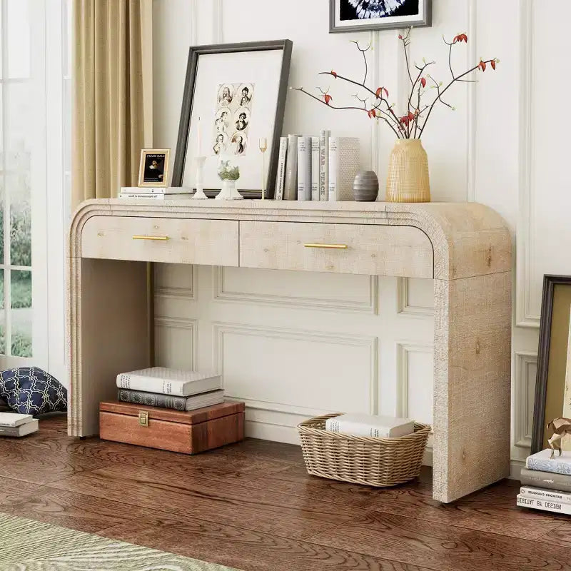 Mesa consola curvada con 2 cajones para recibidor, mesa de entrada minimalista de madera con almacenamiento para sala de estar
