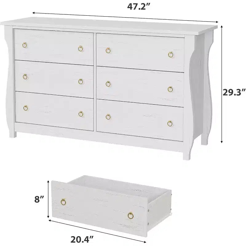Cómoda blanca de 6 cajones de 47.2 pulgadas, organizador de almacenamiento independiente para dormitorio, sala de estar y entrada, fácil montaje, diseño que ahorra espacio