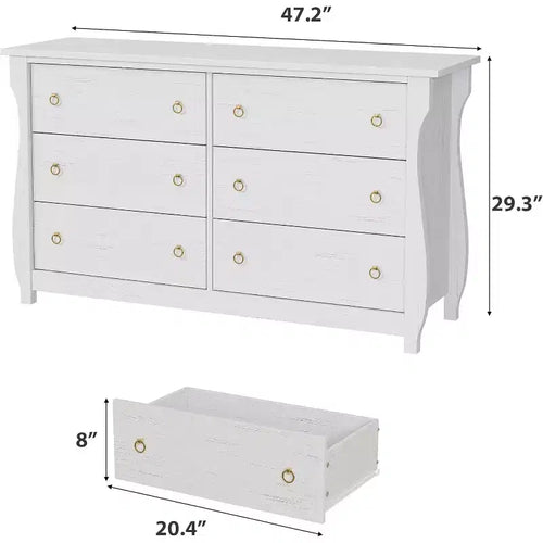 Cómoda blanca de 6 cajones de 47.2 pulgadas, organizador de almacenamiento independiente para dormitorio, sala de estar y entrada, fácil montaje, diseño que ahorra espacio