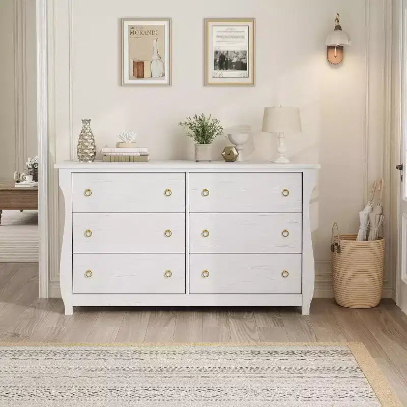 Cómoda blanca de 6 cajones de 47.2 pulgadas, organizador de almacenamiento independiente para dormitorio, sala de estar y entrada, fácil montaje, diseño que ahorra espacio
