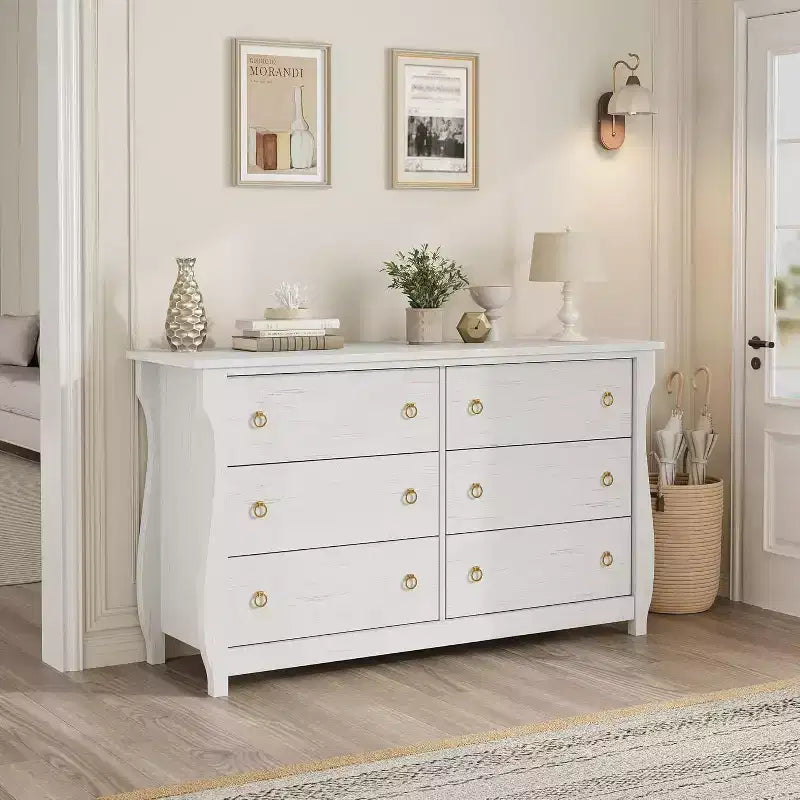 Cómoda blanca de 6 cajones de 47.2 pulgadas, organizador de almacenamiento independiente para dormitorio, sala de estar y entrada, fácil montaje, diseño que ahorra espacio