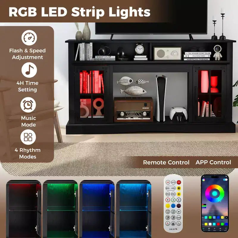 Mueble de TV con luces LED y control remoto, gabinetes de almacenamiento y estantes ajustables