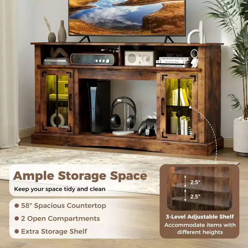 Mueble de TV con luces LED y control remoto, gabinetes de almacenamiento y estantes ajustables