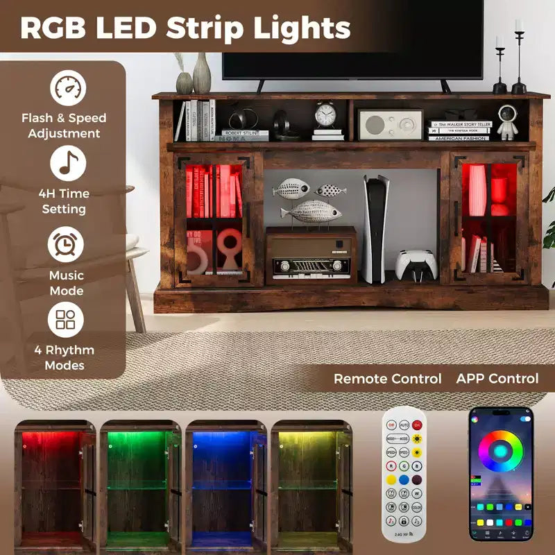 Mueble de TV con luces LED y control remoto, gabinetes de almacenamiento y estantes ajustables