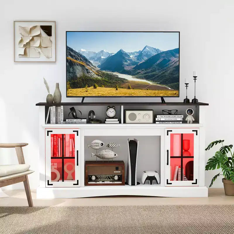 Mueble de TV con luces LED y control remoto, gabinetes de almacenamiento y estantes ajustables