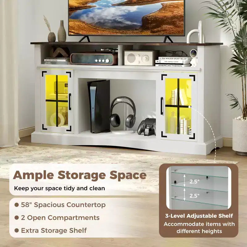 Mueble de TV con luces LED y control remoto, gabinetes de almacenamiento y estantes ajustables