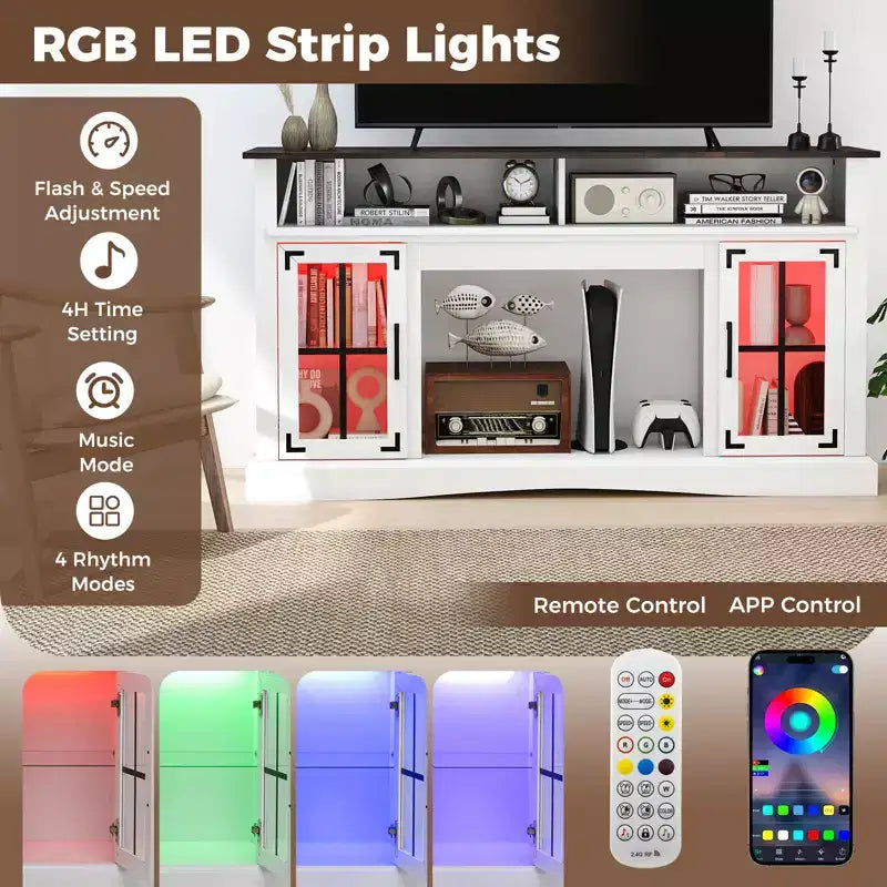 Mueble de TV con luces LED y control remoto, gabinetes de almacenamiento y estantes ajustables