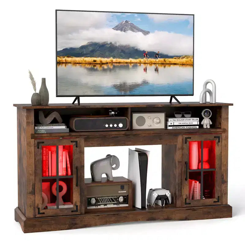 Mueble de TV con luces LED y control remoto, gabinetes de almacenamiento y estantes ajustables