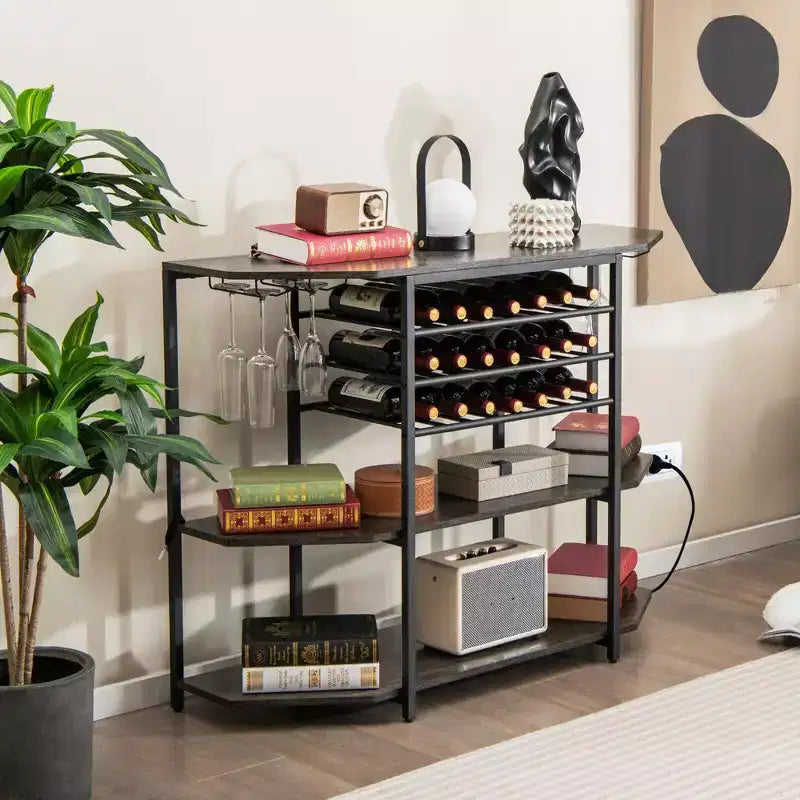 Mueble Bar de 3 Niveles con Estantes de Almacenamiento, Porta Copas y Botellero