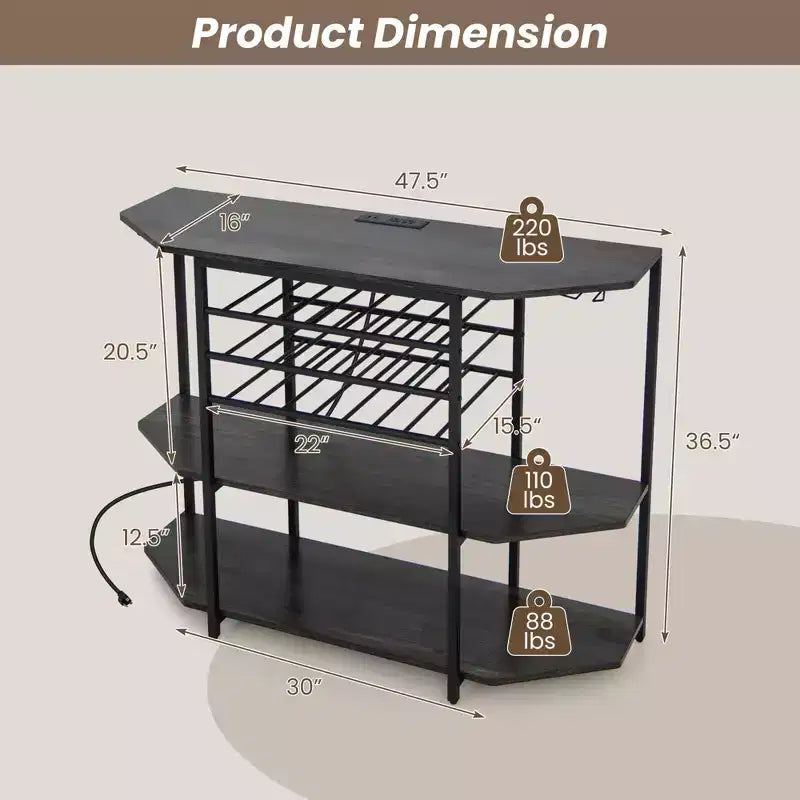 Mueble Bar de 3 Niveles con Estantes de Almacenamiento, Porta Copas y Botellero
